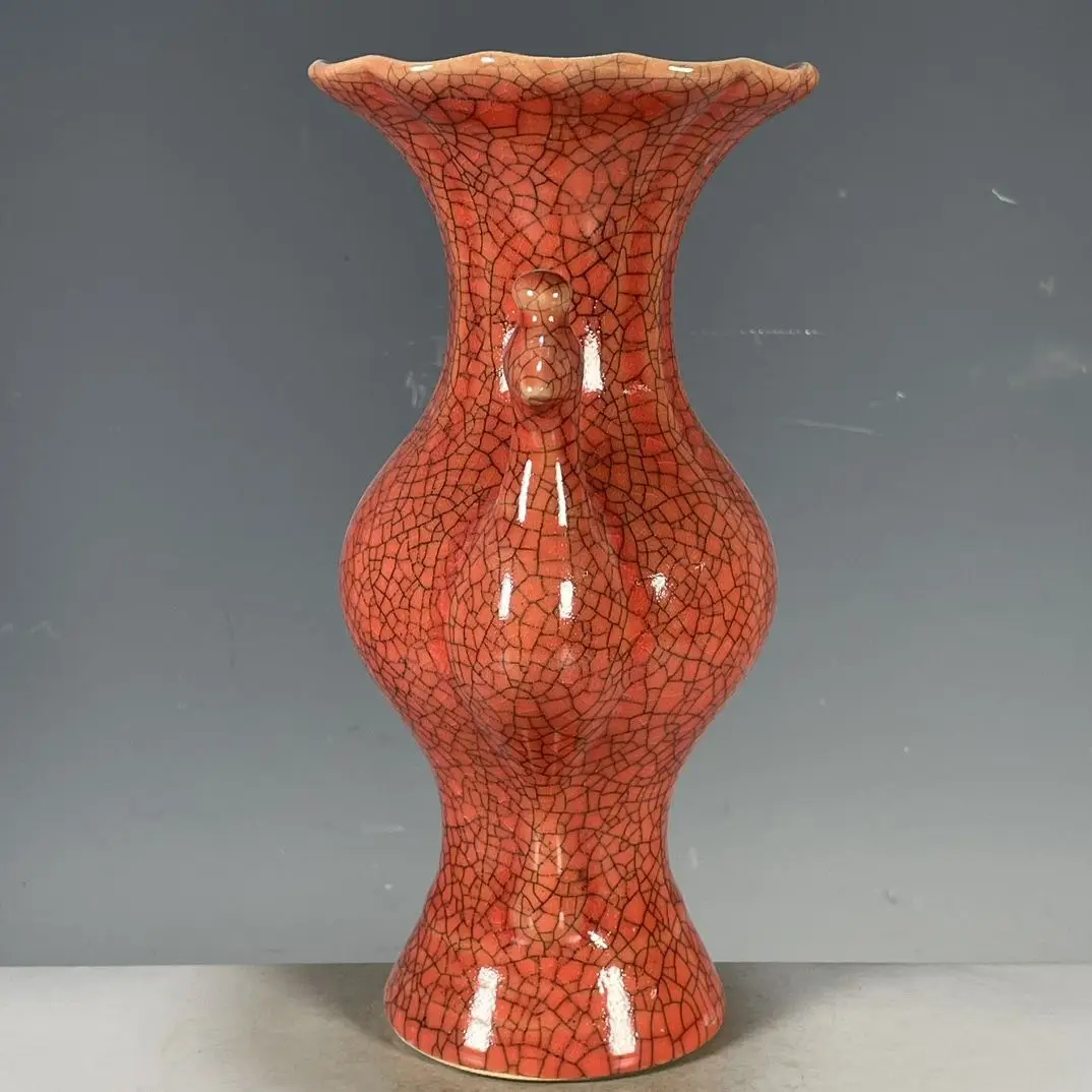 Chinese antiques, old porcelain goods collection, Song Ge kiln gold wire iron wire orange red glaze flower mouth peacock vase