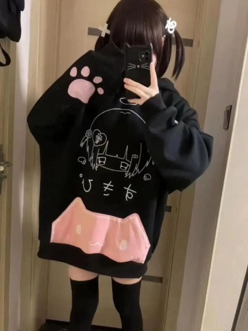 Japanse Y2K Cartoon Print Fleece Hoodies Vrouwen Harajuku Gothic Kat Oren Capuchon Vintage Hoody Streetwear Esthetische Sweatshirt