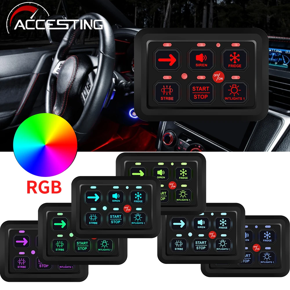 New 6 Gang Switch Panel 7 Colors Adjust LED Circuit Control Relay System Box Slim Touch Control Panel for Boat Jeep UTV Caravan