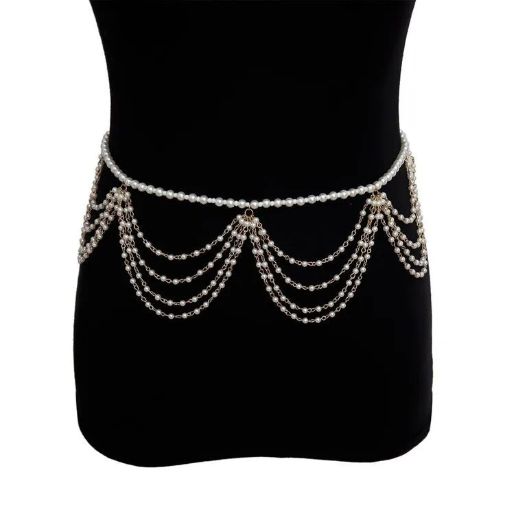 

Hot-selling multi-layer white pearl beaded belt waist chain, metal threading needle gold metal color optional