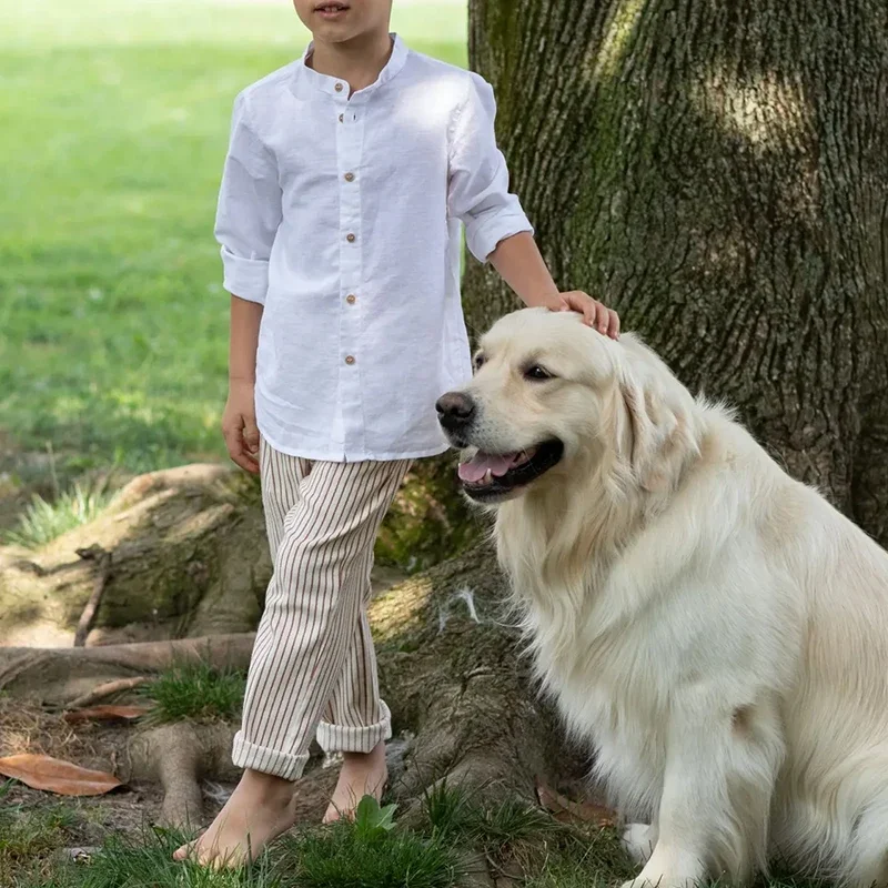 Wit linnen overhemd voor jongens 2025, lente nieuwe kinderoverhemden met opstaande kraag, knopen, dagelijks casual katoen en linnen shirts met lange mouwen