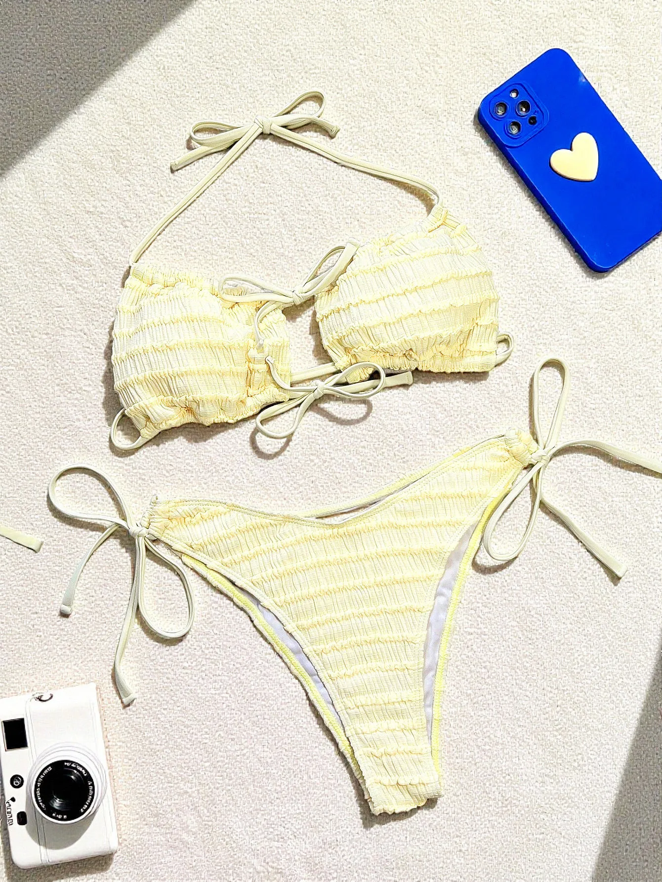 

Сексуальные желтые бикини в рубчик, комплекты из двух предметов, купальники с завязками на шее и бантом, пляжная одежда, купальники, бикини, танкини