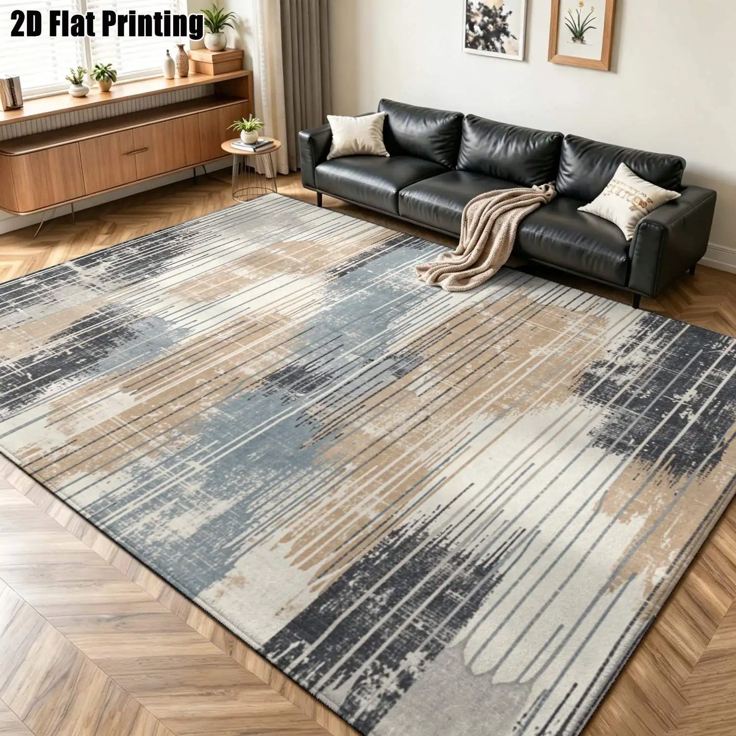1Pc 2D Printed Carpets: Grey-Brown-Blue Abstract Art, Nordic/Instagram-Inspired, Modern Minimalist/Vintage Geometric Striped Floor Mats for Home Decor, Multi-Size, Machine Washable, Suitable for Entrance/Dining Room/Foyer/Living Room/Bedroom