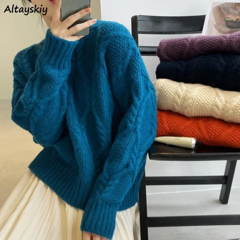 O-neck Sweaters Women 5-colors Vintage Thick Knitted Pullovers Winter Harajuku Simple Chic Fashion All-match Loose Sueters Mujer