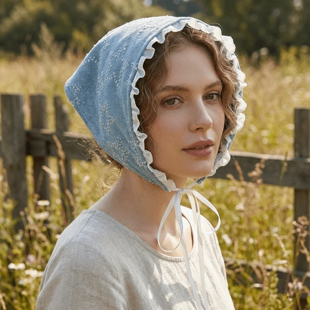 

Sweet Denim Triangle Scarf Lace Strap Breathable Star Hair Scarf Pastoral Decoration Turban Headscarf Travel