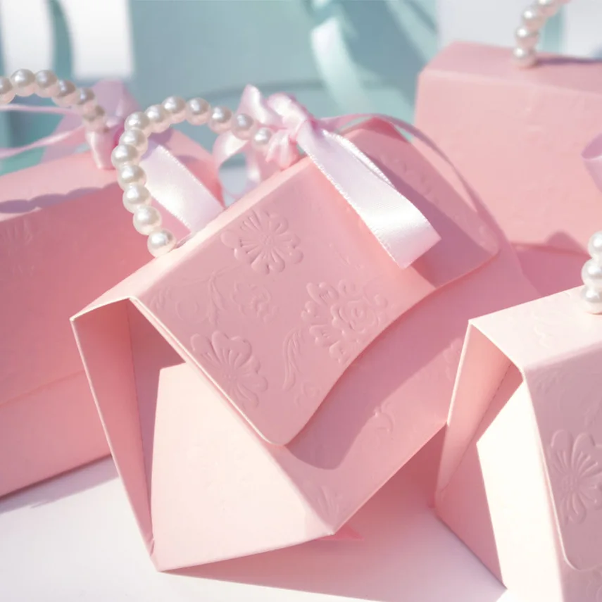10Pc Sweet Pearl Hand Bag Chocolate Candy Boxes with Ribbon Gift Packaging Bag for Baby Shower Wedding Birthday Party Decoration