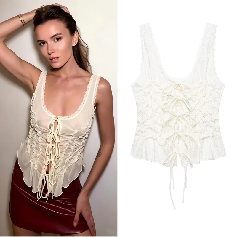 Guobioziy women's top 2026 new style lace-up short camisole with hollow lace fabric, romantic vintage, finely crafted