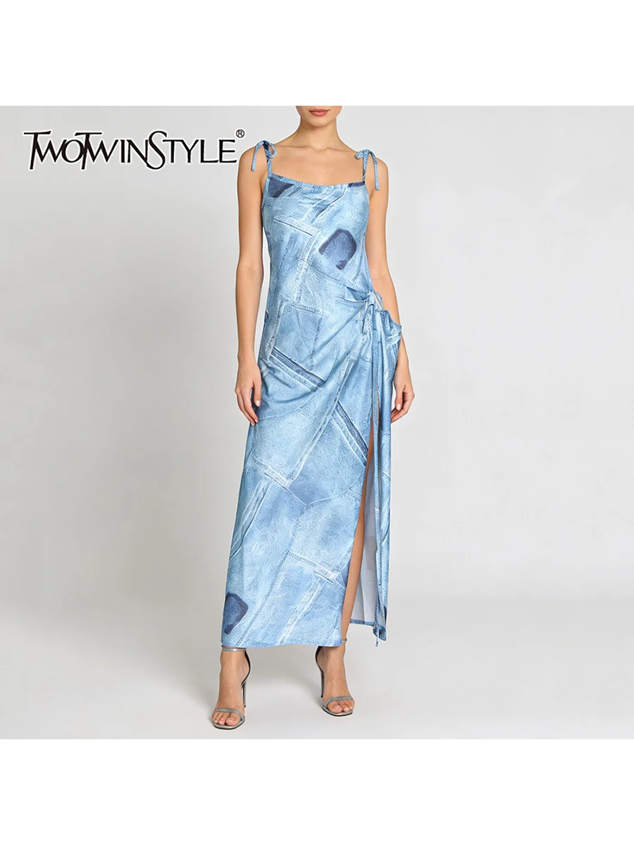 TWOTWINSTYLE Printing Spliced Lace Up Irregular Long Dresses for Women Square Neck Sleeveless Split Fashion Dress Female Clothes