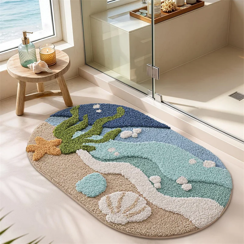 Tufted Ocean Style Rug Carpet for Bedroom Living Room Non Slip Tufting Floor Mat Thicken Foot Pad Bath Mat Oval Bathroom Rug