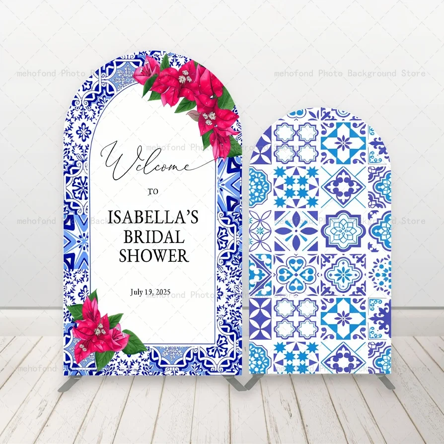 Mehofond Arch Backdrop Customized Text Flowers Embellished In Blue-White Geometric Tile Patterns Bridal Shower Studio Background