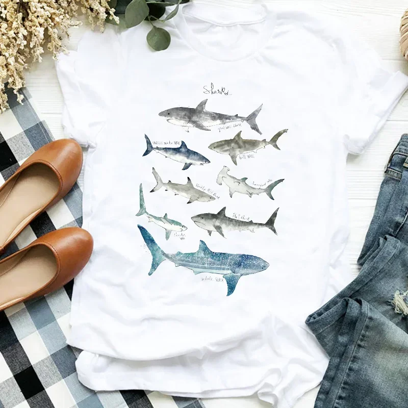Women Lady Shark Watercolor Fashion Casual 90s Printing Print Tshirt Female T Tee Womens Shirt Clothes Top Graphic T-shirt