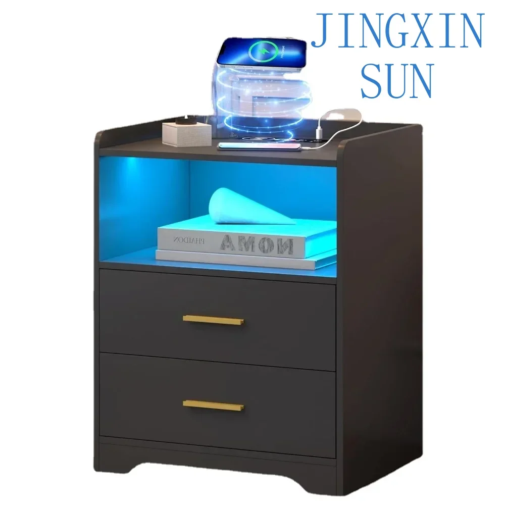 LED Nightstand with Charging Station, Nightstands with 24-Color RGB LED Lights, Smart Lighted Bedside Table with Drawers, Modern