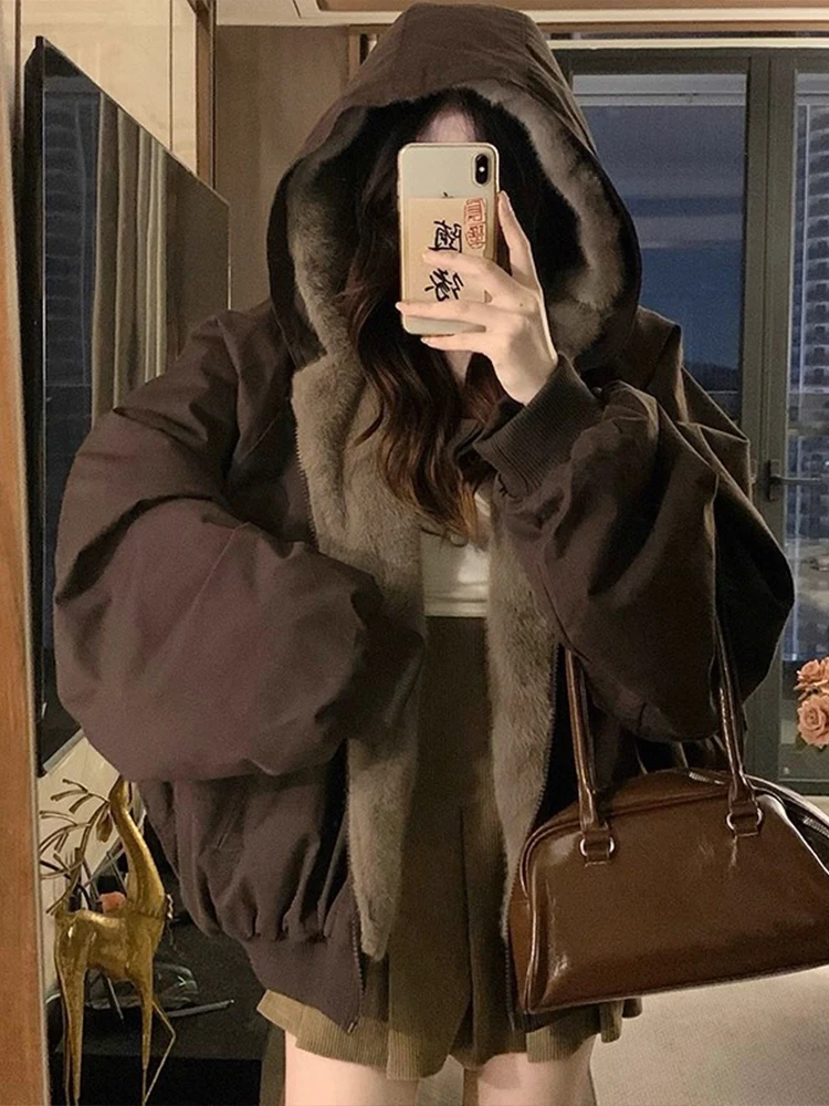 

Thiened Faux Fur Collar Two-Sided Wear Winter Cotton Jaet Men Women Sle Warm Casual Long Sve Zipper Closure Coat