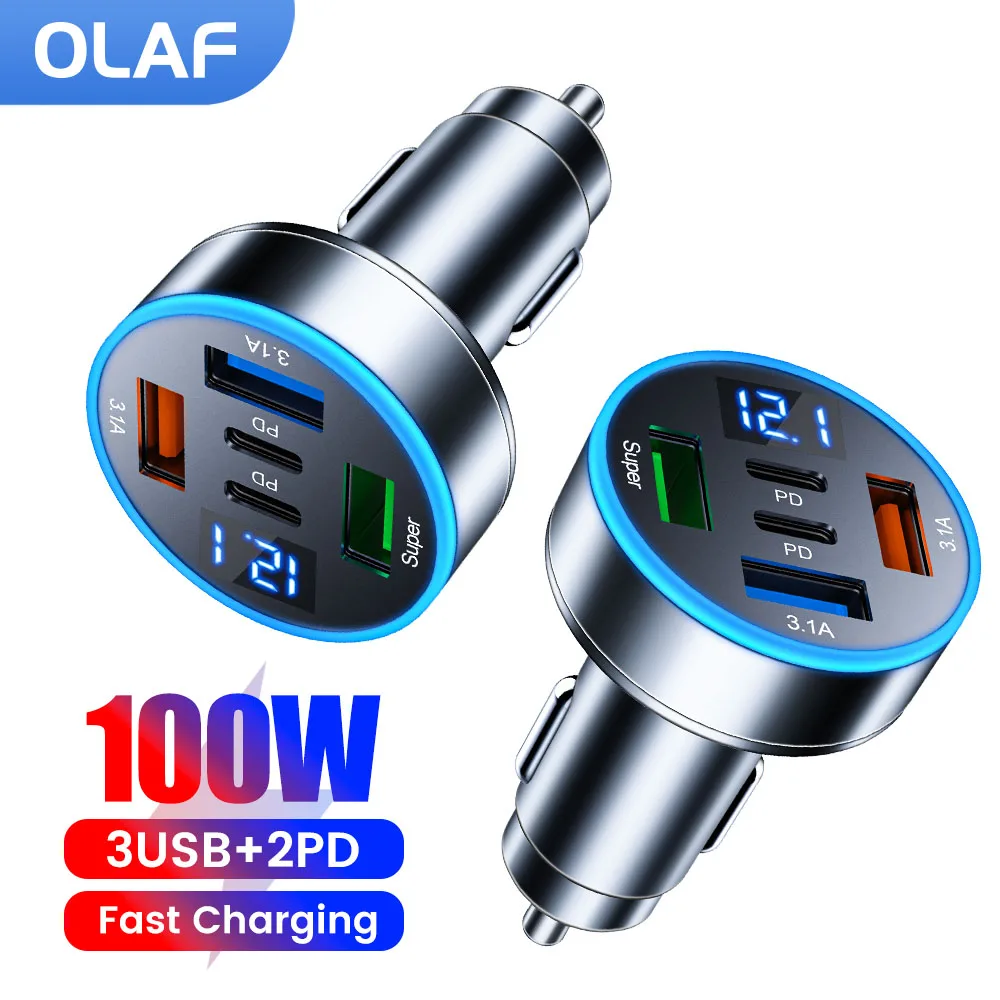 Olaf 100W USB Car Charger Quick Charge 5 Ports PD For Xiaomi iPhone 12 13 14 Pro Sumsung Fast Charging Car Phone Type C Charger