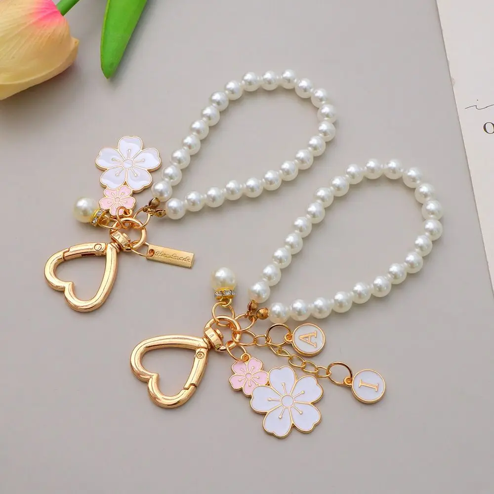 Lovely Cherry Blossoms Keychain Pearl Chain Letter Pendant Women Car Key Ring Headphone Case Charms Bag Decor Accessories