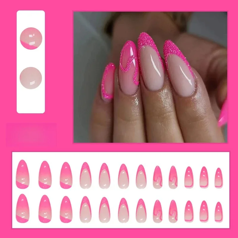 24Ps/Set Sweet Girl Ins Style Fake Nails Aurora Glitter Acrylic Press on Nail Oval Round Head Removable Wearing False Nails Tips