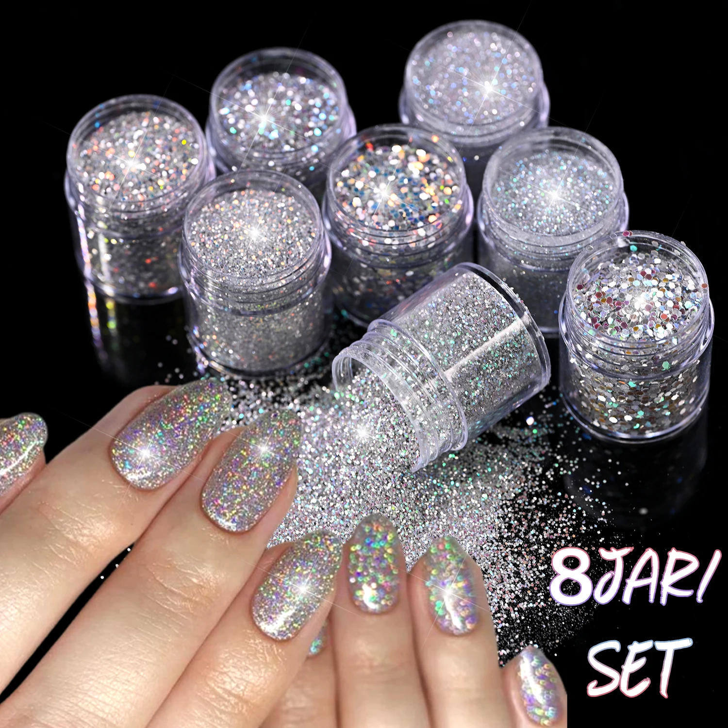 8Jar Holographic Crushed Diamond Laser Silver Nail Glitter Powder Sparkling Rainbow Laser  Mixed Fine&Chunky Sequins Nail Decor
