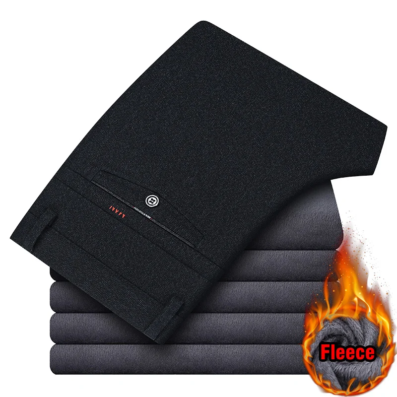 Winter Men's Fleece Warm Business Casual Pants High Quality Straight Thick Stretch Trousers Male Navy Brand Clothing