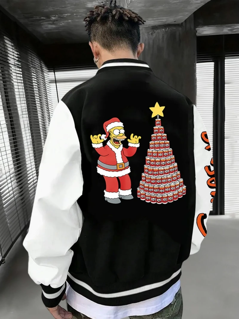 

The Simpsons Men's Baseball Jacket Christmas-themed Print - Homer Santa Claus and Christmas Tree Men's Retro Baseball Jacket