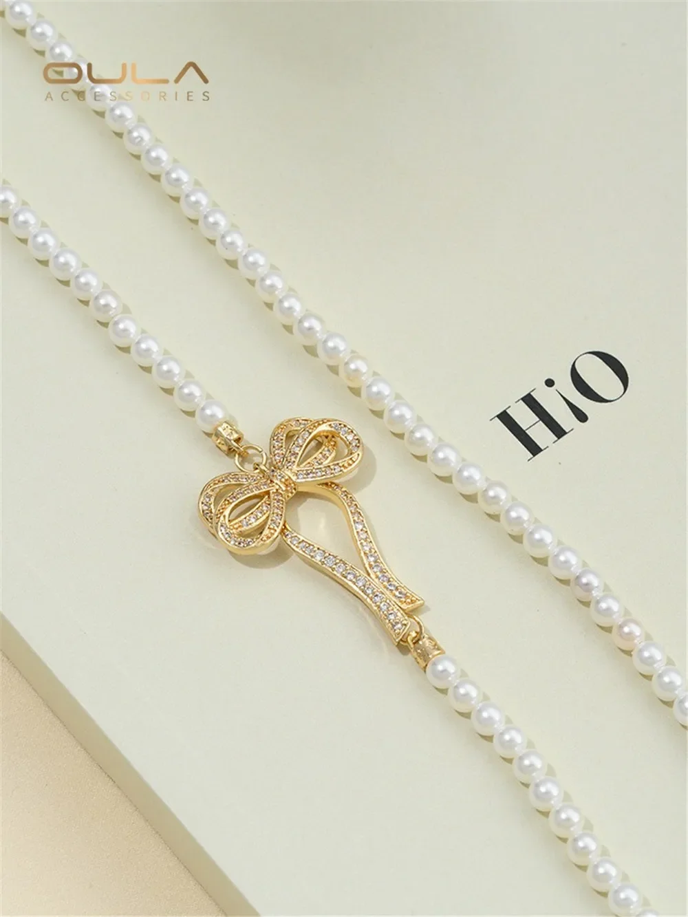 

14K Gold-Color Plated Zircon Bow Pearl Necklace Link Button Sweater Chain Pendant Hand-beaded Accessories