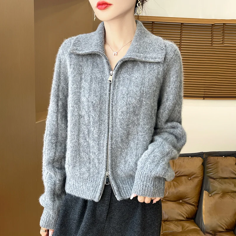 

Lapel Twist Sweater Cardigan Jacket Women's Autumn Winter New Soft Double Zipper Knitted Sweater Design Sense Cardigans Coats