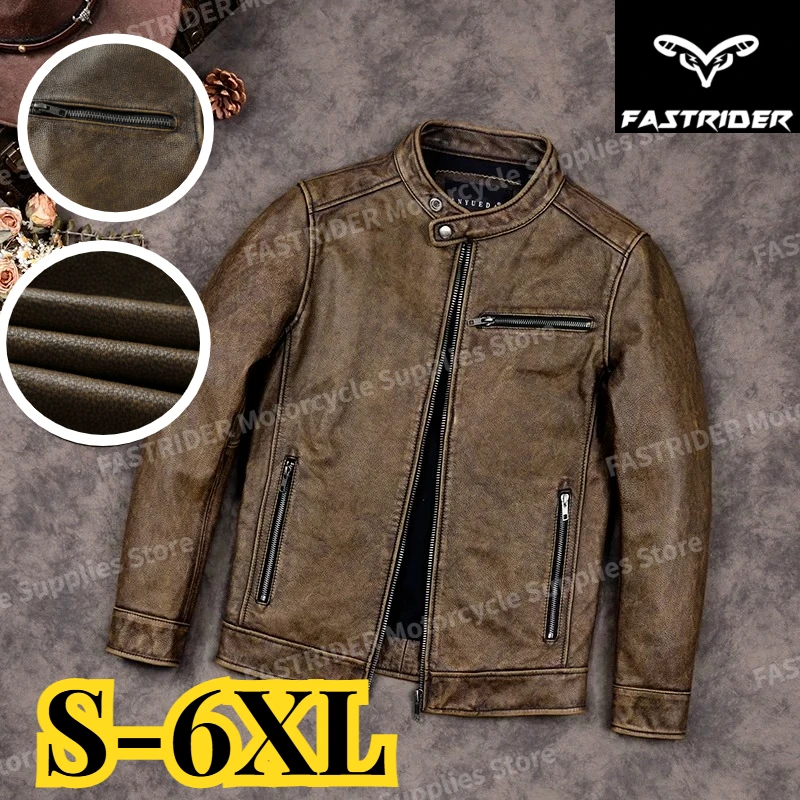 

Retro Brown Classic Riding Style Short Fit Leather Men's Casual Leather Jacket 6XL
