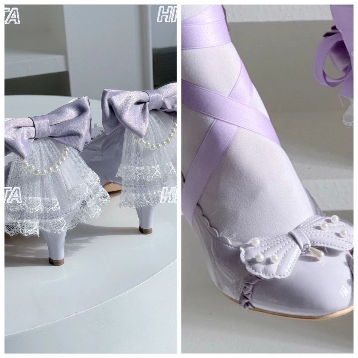 

Ballet Elegant Lo Shoes Women Sweet Temperament Bow Pearl Lace Trailing Flower Married Pointed Purple High Heels Shoes Girls