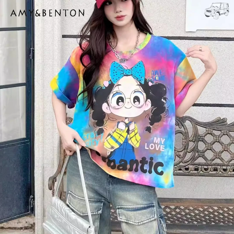 

2026 Summer New Beautiful Tie-dye Little Girl Short-sleeved T-shirt Ladies Loose Fashion Design Top Tshirts Pullover Y2k Clothes