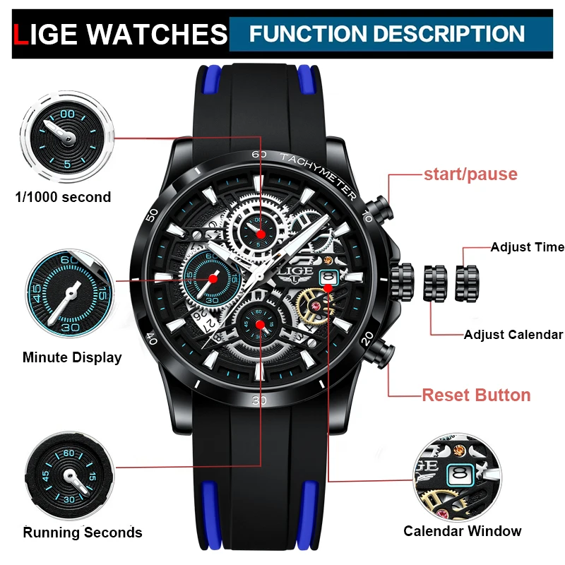 LIGE New Watches Mens Luxury Brand Big Dial Watch Men Waterproof Quartz Wristwatch Sports Chronograph Clock Relogio Masculino