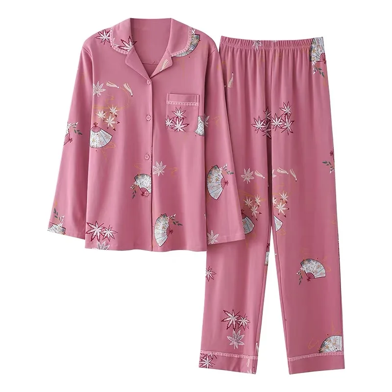 Pijama de algodão de manga comprida feminino, casamanho plus size, cardigã estampado, pijama mãe de meia idade, outono, 100%