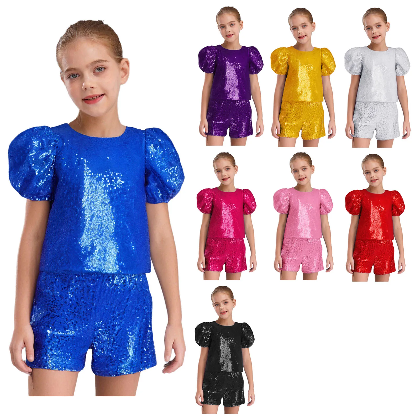 Kids Girls Latin Jazz Dance Sets Short Puff Sleeves Shiny Sequins Top with Shorts for Cheerleading Stage Performance Competition