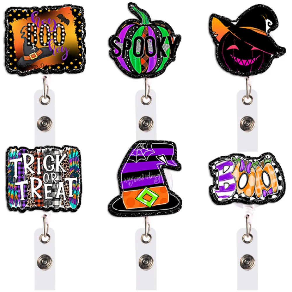 Halloween Badge Reel Retractable ID Holder Spooky Pumpkin Witch Hat Trick or Treat Gift for Daily Use Travel