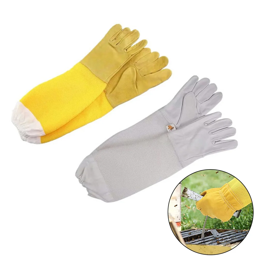 1 Pair Of Anti Bee Gloves Yellow And White Sheepskin Long Mesh With Hollow Out Maximum Flexibility While Handling Tools