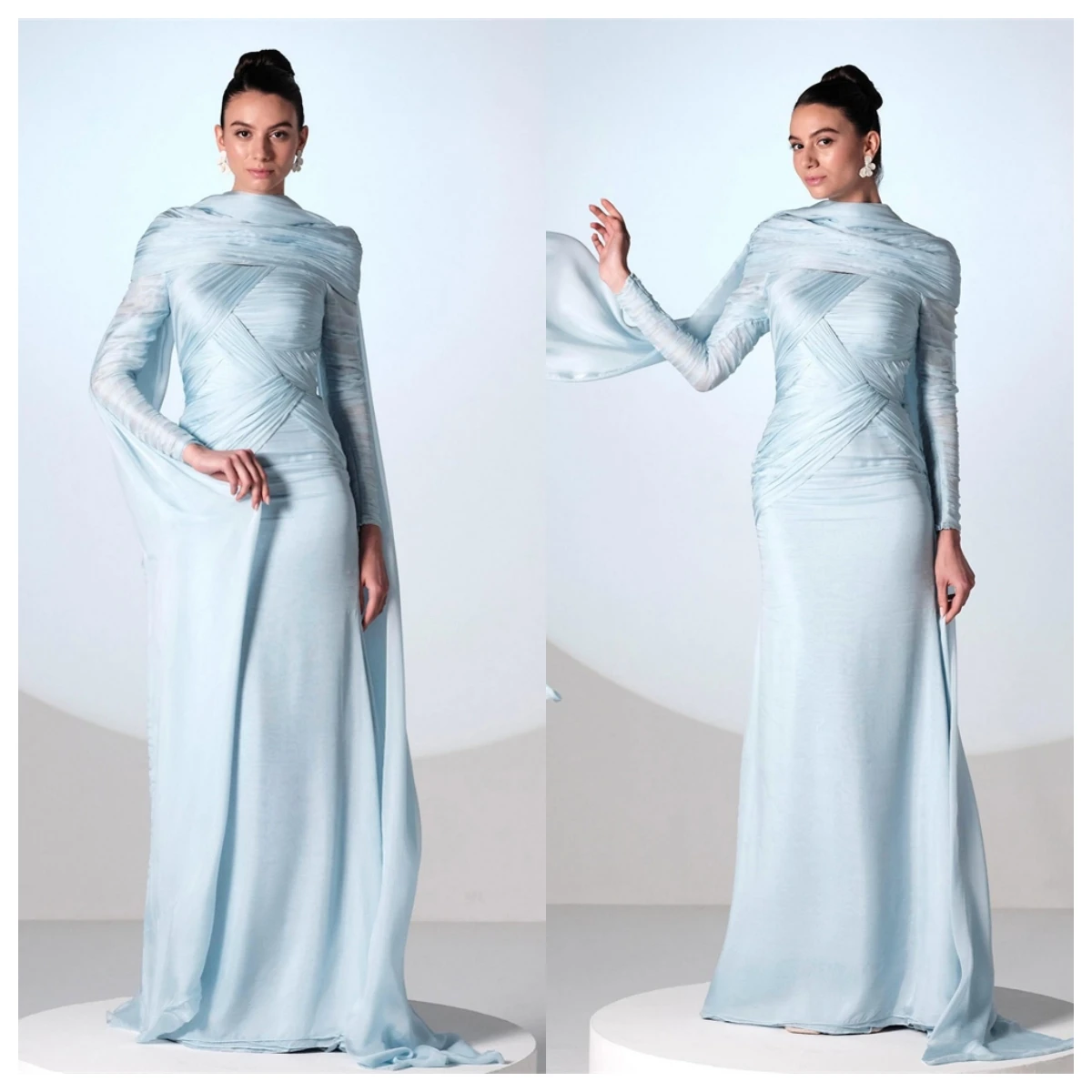 فستان سهرة كلاسيكي من الجيرسيه الأزرق مخصص برقبة دائرية وأكمام طويلة فستان العودة للوطن مناسبة خاصة فساتين عصرية عالية الجودة #2