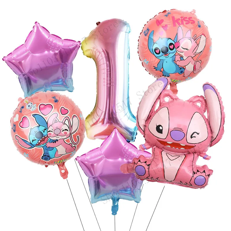 6pcs Disney Lilo & Stitch Balloons Number Balloon Set Cartoon Stitch Angel Birthday Party Decorations Baby Shower Kids Toy Gifts