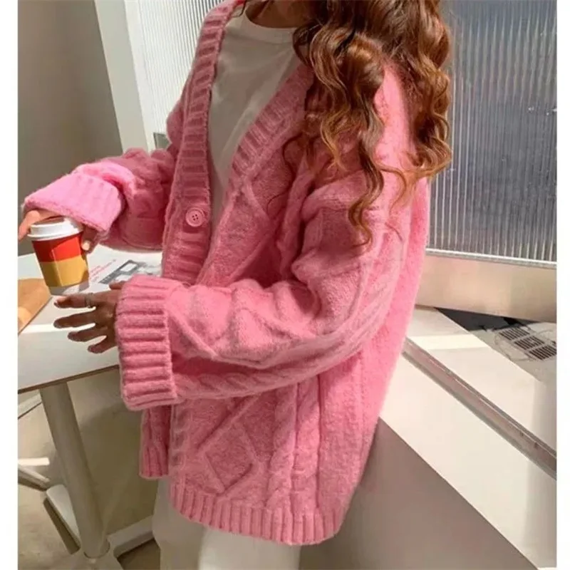 New Autumn Winter Korean Version Loose Thickened Fried Dough Twists Sweater Coat Women Fashion Knitting Cardigan Outer Wear Top