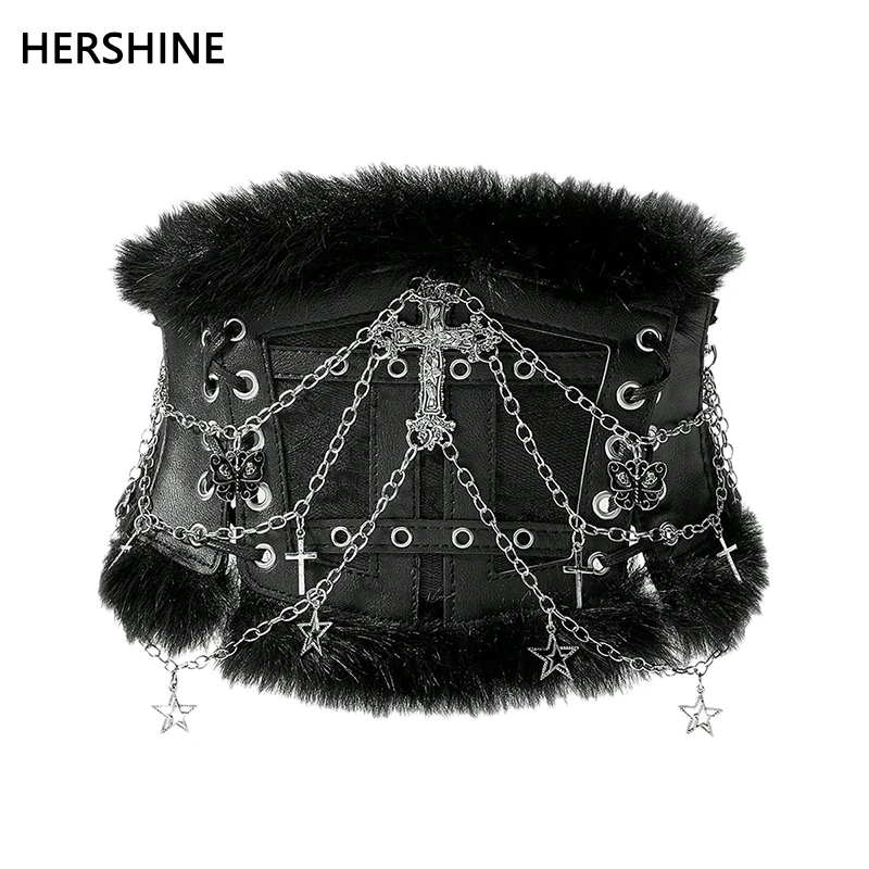 

HERSHINE женский длинноволосатый эластичный широкий пояс с перекрестной цепочкой, Y2K в готическом стиле Харадзюку, панк-рок, хип-хоп, весна, лето
