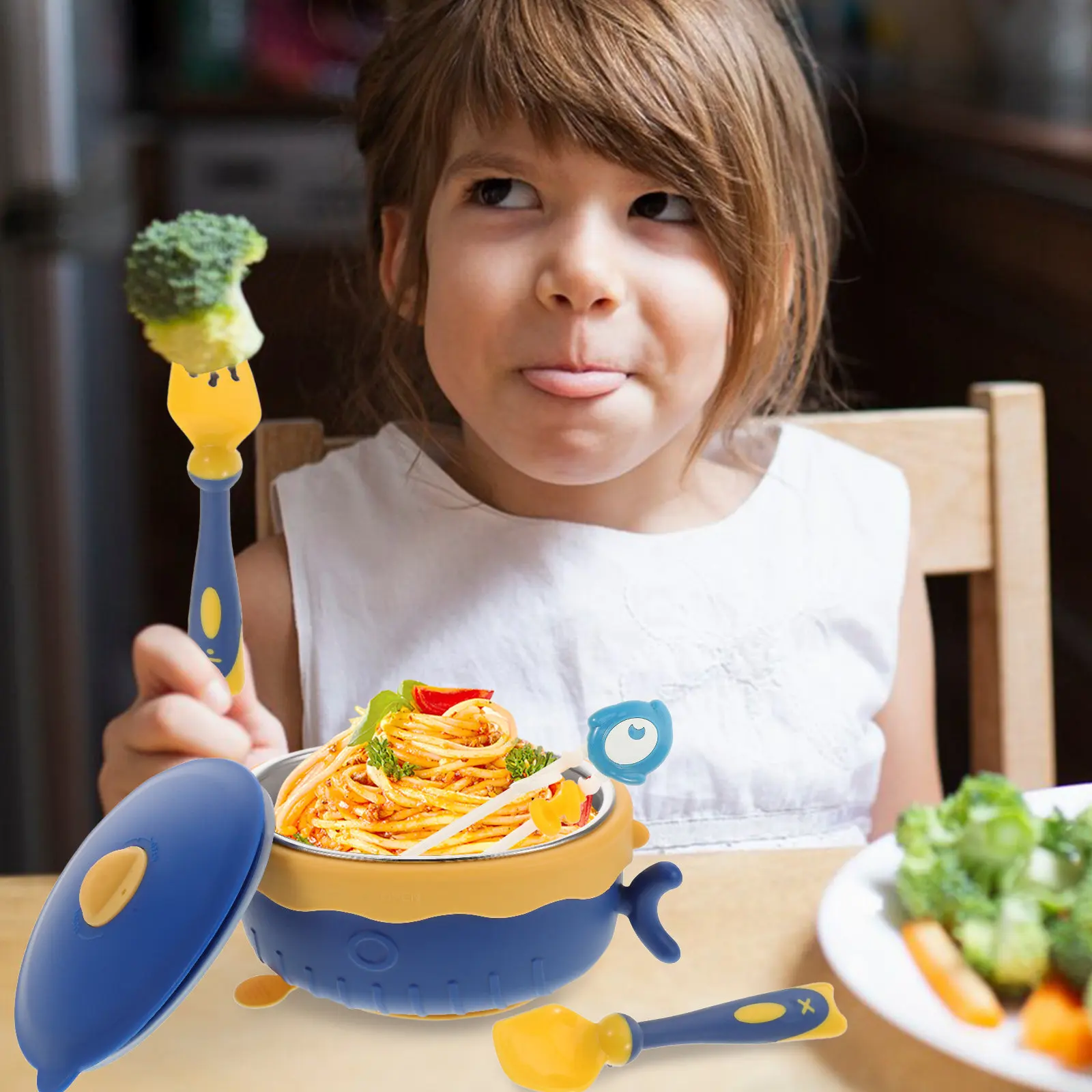 

4Pcs Detachable Stainless Steel Baby Bowl Set 316 Grade Insulated Suction Base Blue Includes Spoon Fork Chopsticks for Infant