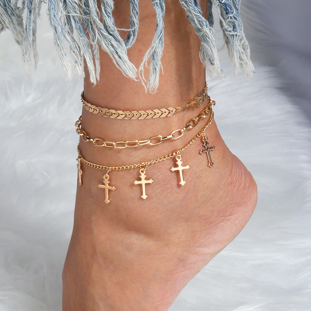 

3pcs/set Fashion Cross Anklet for Women Girls Multiple Layers Ankle Bracelet Chain Foot Jewelry Gifts