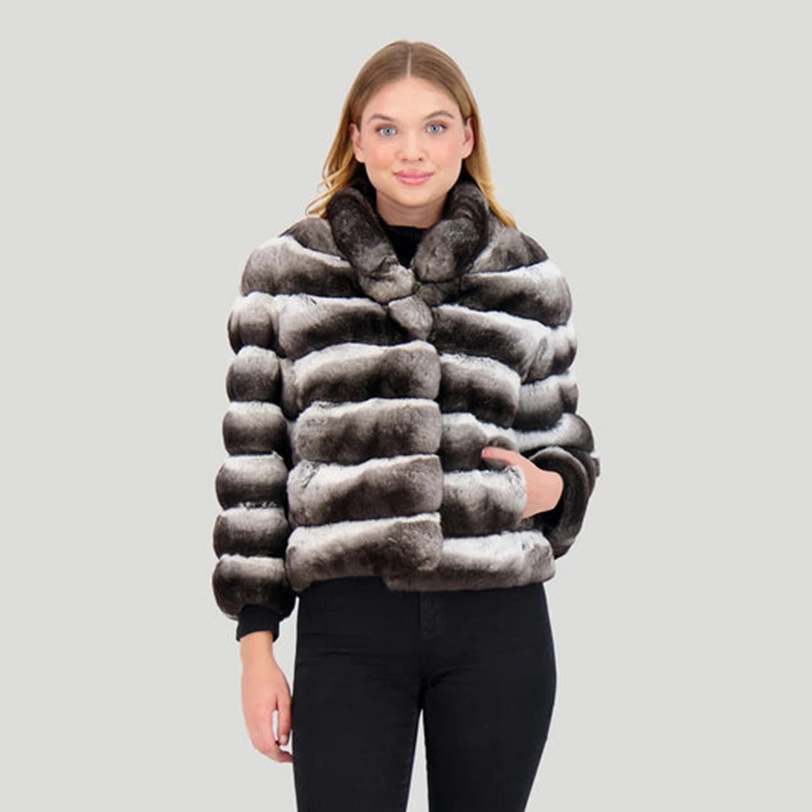 Chaqueta de piel de conejo Rex Natural para mujer, abrigos de piel auténtica de color Chinchilla, chaquetas cortas de cuello alto, novedad de 2024