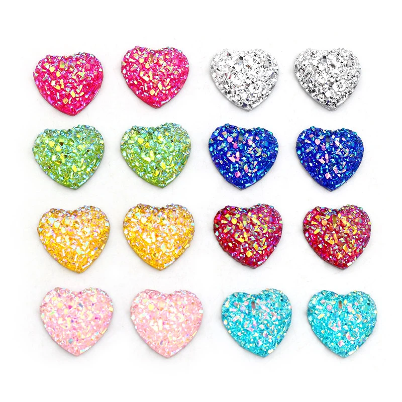 Fashion 40pcs 12mm Flat Back Heart Resin Cabochons Multi Colors Druzy Natural Stone Convex DIY Jewelry Making Accessories