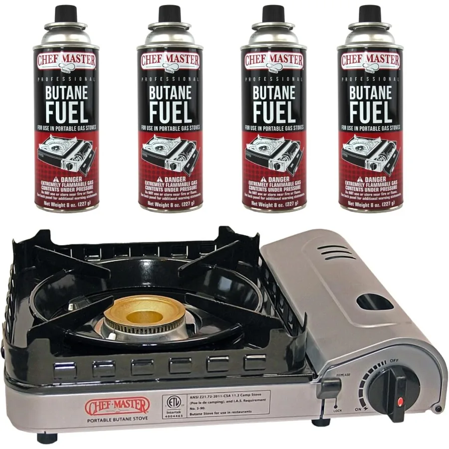 موقد تخييم محمول بقدرة 15000 وحدة حرارية بريطانية مع علب بيوتان 4 × 8 أونصة تصميم مزدوج لواقي الرياح لأداء موثوق في الهواء الطلق