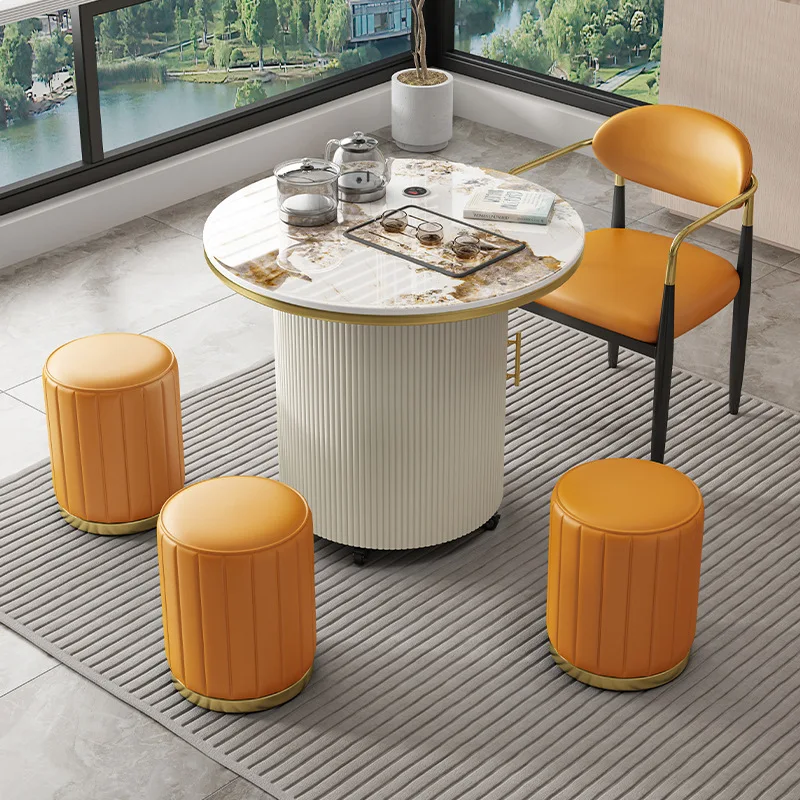 Light luxury rock slab balcony tea table and chair combination modern leisure home mobile round mini small tea table tea cart