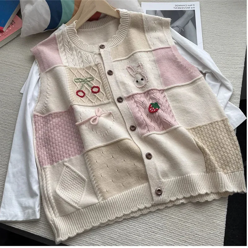 Korejpaa 2024 Autumn Waistcoat Kawaii Clothes Elegant Sweet Round Neck Sleeveless Tank Cardigan Vest Knitwear Vests Coats