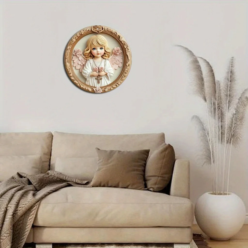 2D Flat, 1-Piece Vintage Angel Girl Round Aluminum Wall Art Sign - 8x8inch Floral and Cross Design, Suitable for Horizontal Home Decoration in the Living Room