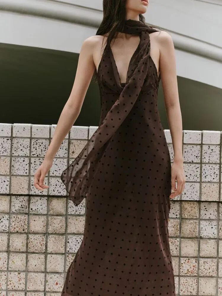 Été nouveau Sexy Bal Svel à pois écharpe longue Dr taille haute robe pour les femmes Par robe de soirée suspendue Ne Sle