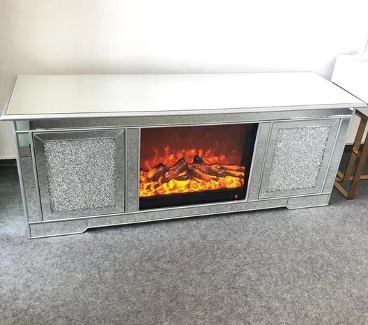 New Trends  Diamond Crush Mirrored Media Unit With Led Electric Fireplace