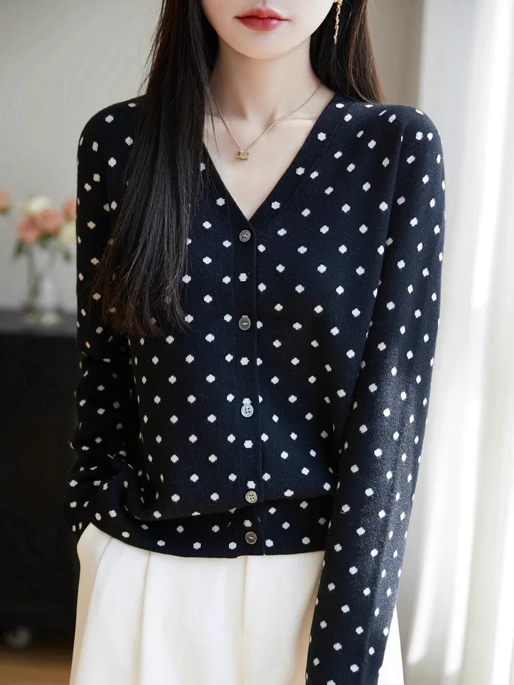 

Ele V-Ne Knitted Polka Dot Sweater Women's Faion Slim Fit Lightweight Autumn Spring Open Cardigan Long Sve Top