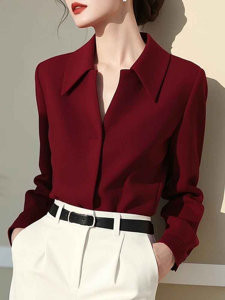 

Red Wine Color Long Sleeve V-Neck Women's Shirt Spring New Style Commute Fashion Interview Qualitative Top Korean Loose Fit