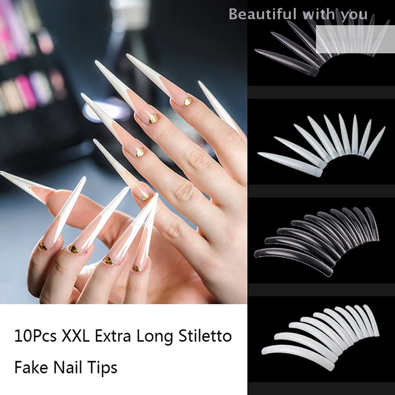 

10Pcs Nail Tools Stiletto Nail Tips Extra Long Shape Clear Half Cover False Nail Art Tips